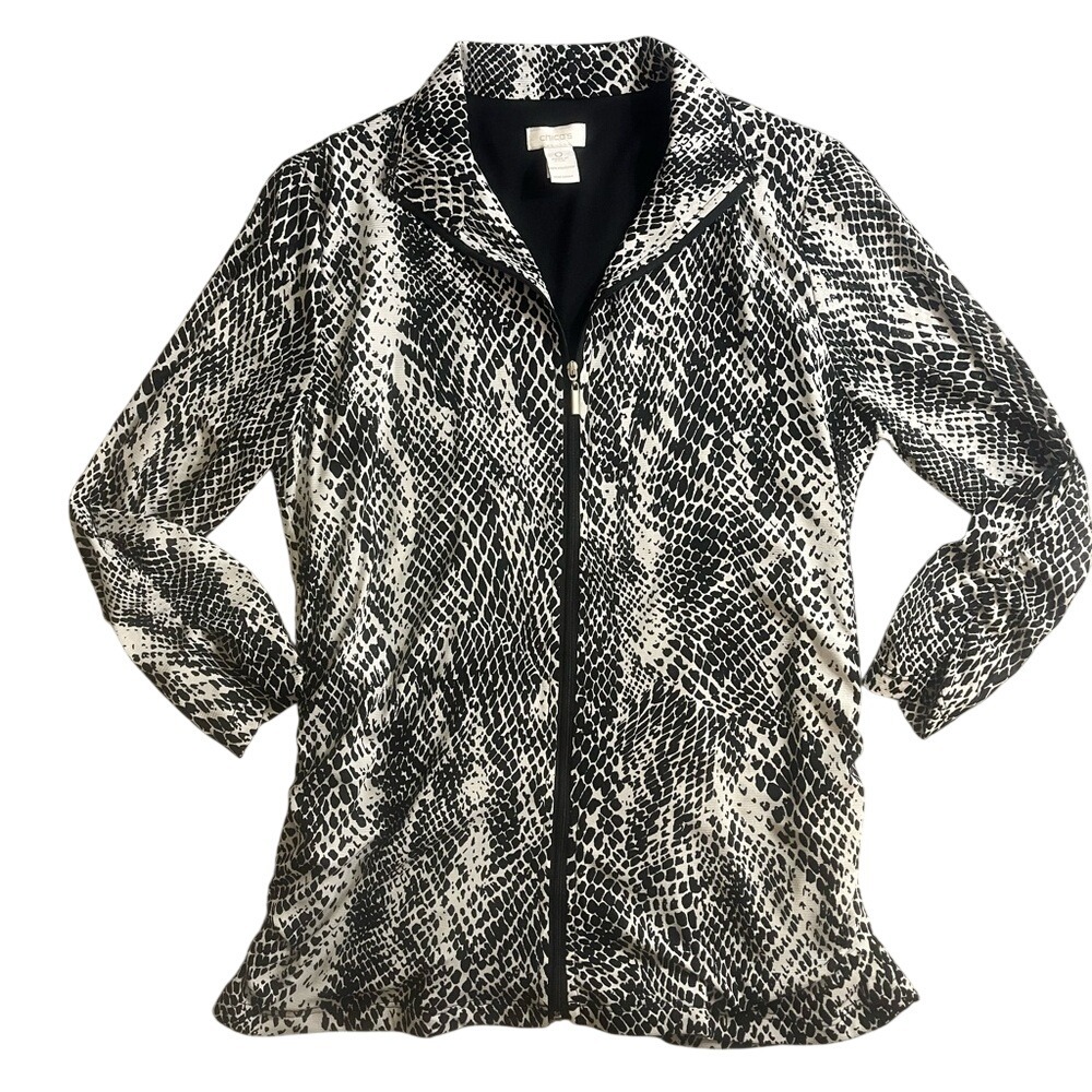 Chicos Lightweight Zip Jacket Top Snake Print Black White 3/4 Sleeve Ruching